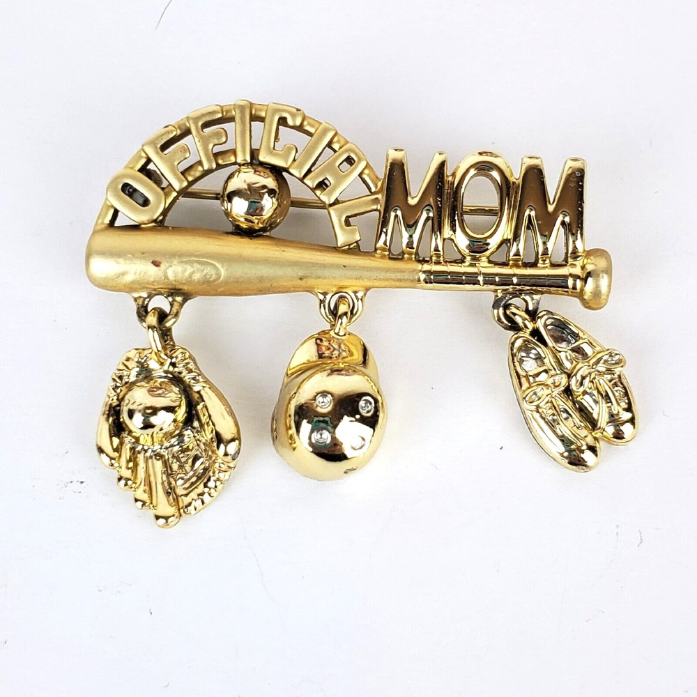 AJC Official Baseball MOM Gold Tone Charms Mitt Ball Helmet Cleats Pin Brooch